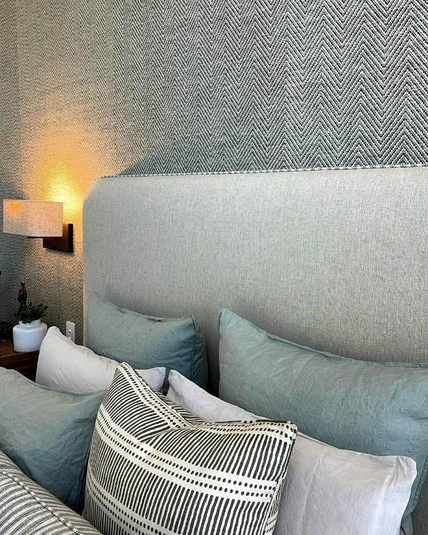 Bedroom With Upholstered Headboard And Blue Pillows — JSF Interiors Goulburn In Kiama, NSW