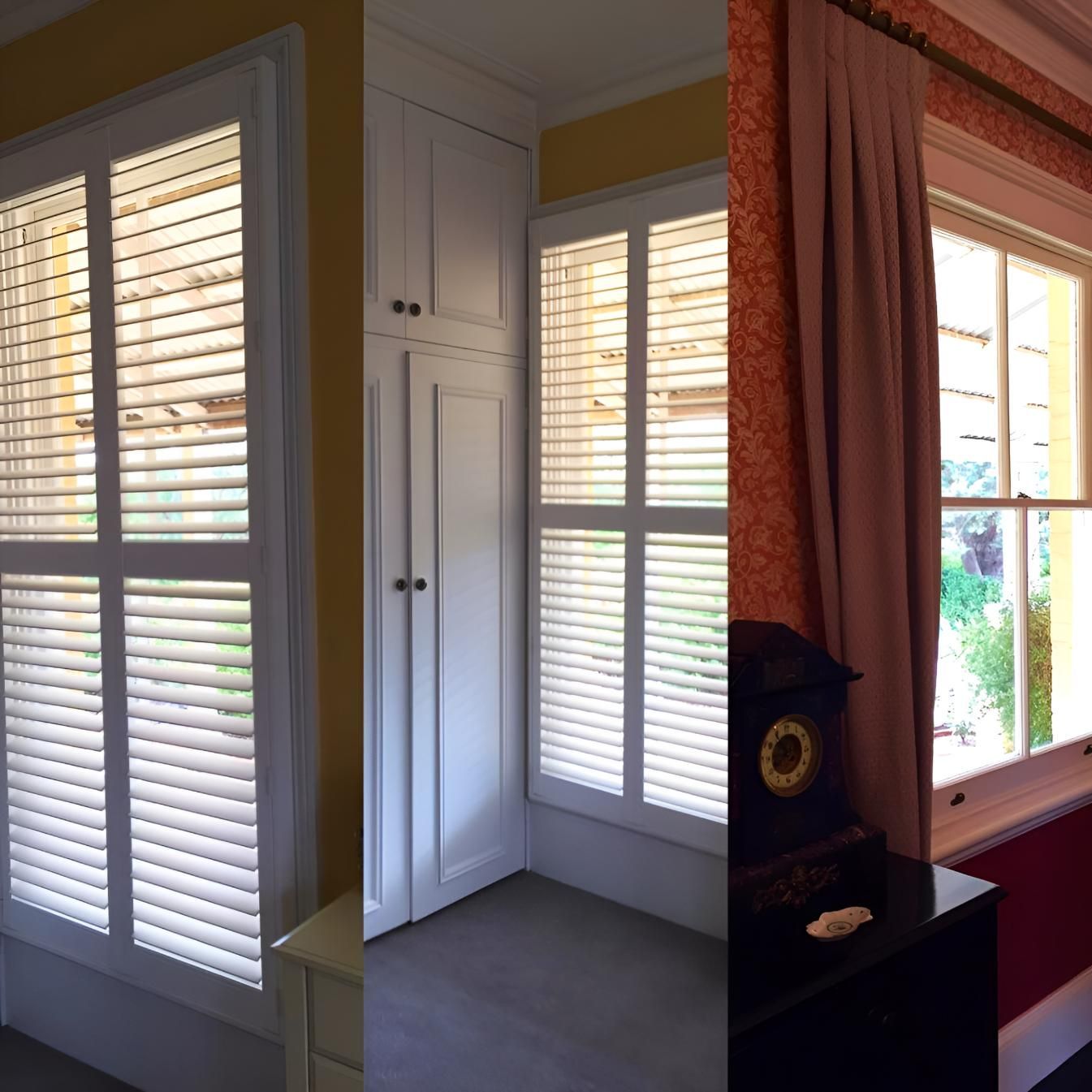Three Interior Window Views With Shutters, Cabinet, And Curtains — JSF Interiors Goulburn In Kiama, NSW