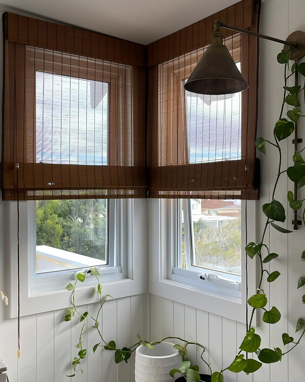Corner Windows With Sheer Blinds And Hanging Light — JSF Interiors Goulburn in Goulburn, NSW