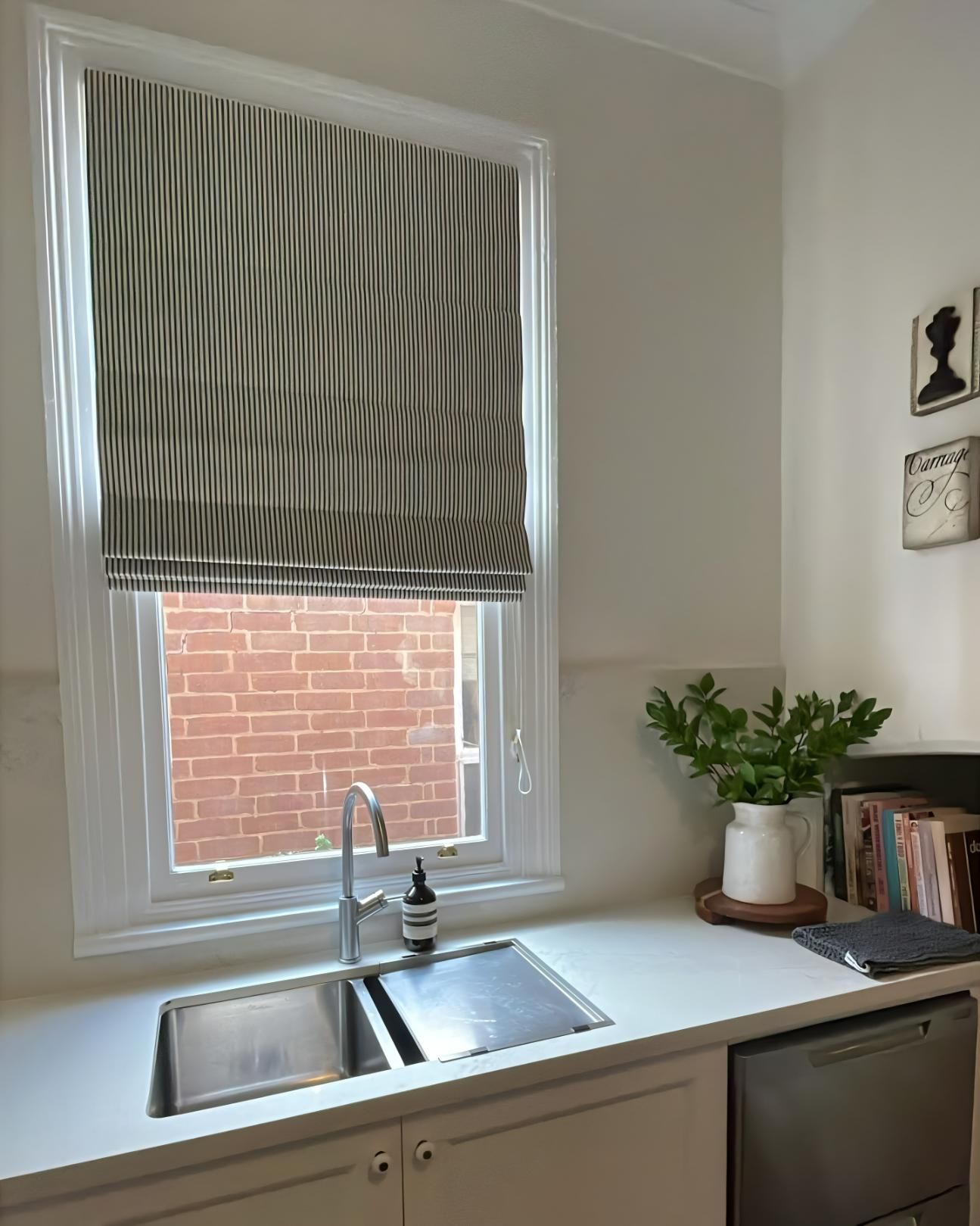Kitchen With Sink And Striped Window Shade — JSF Interiors Goulburn in Goulburn, NSW