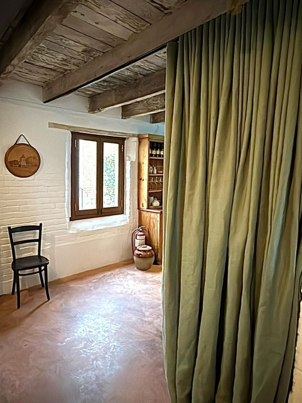 Room With Green Curtain And Wooden Beams — JSF Interiors Goulburn in Goulburn, NSW