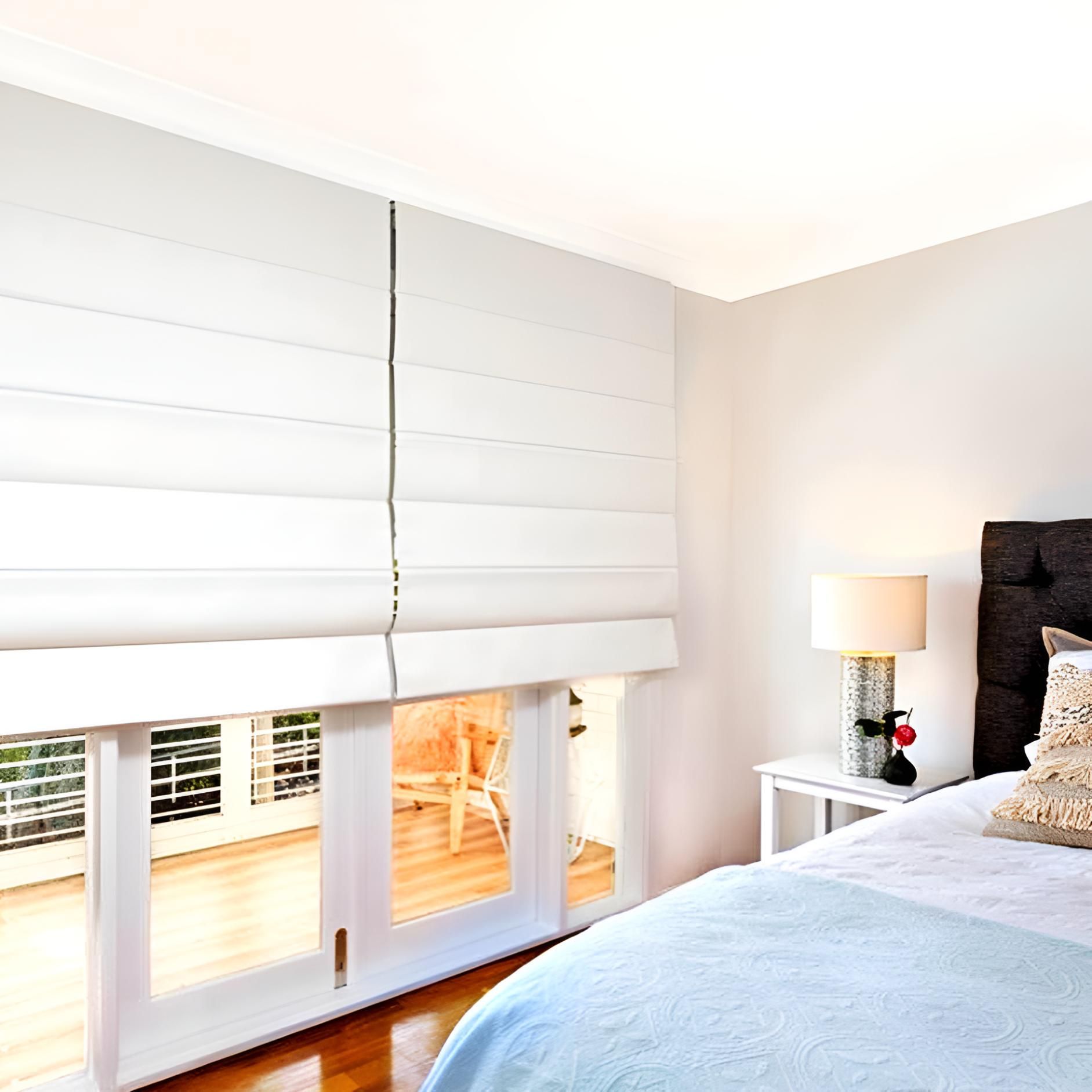 White Roman Shades Over French Doors — JSF Interiors Goulburn in Albion Park, NSW