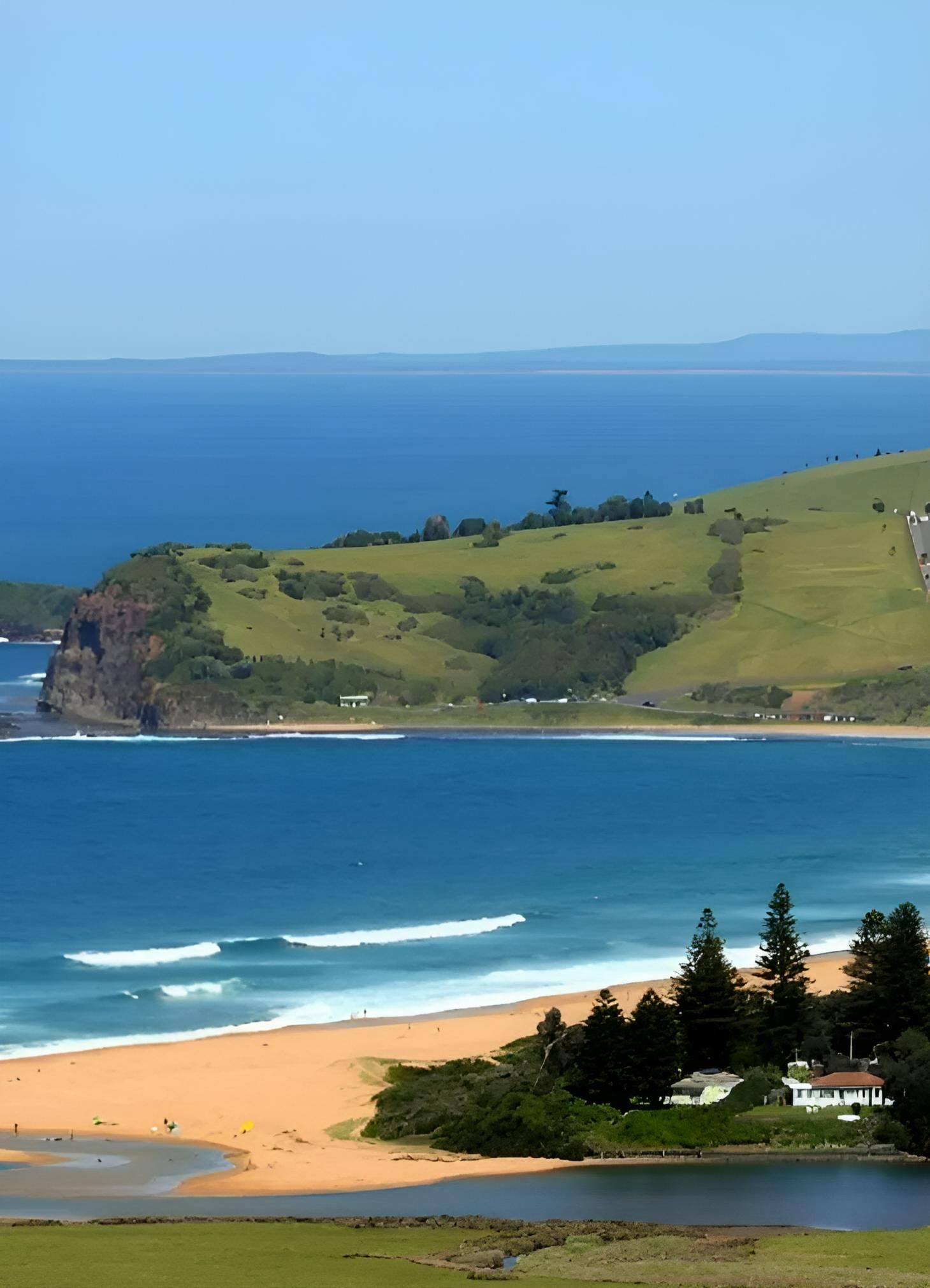 Beach With Blue Ocean Golden Sand And Green Hills — JSF Interiors Gerringong in Gerringong, NSW