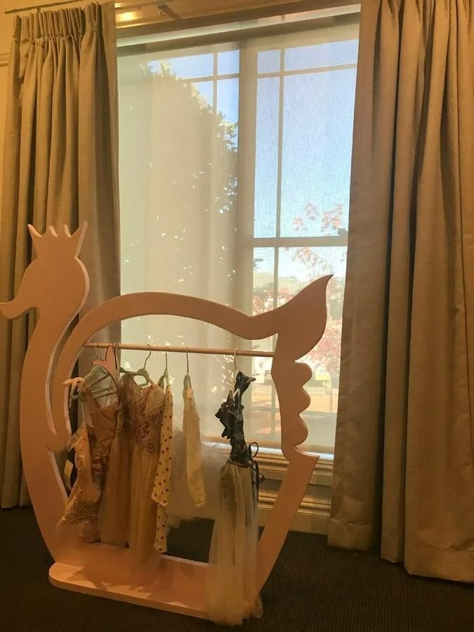 Pink Dress Rack In Front Of Window With Hanging Clothes — JSF Interiors Goulburn in Goulburn, NSW