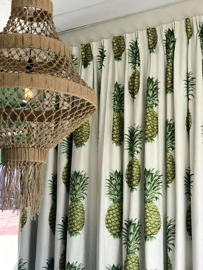 Macrame Lamp Beside White Curtains With Green Pineapple Print — JSF Interiors Goulburn in Goulburn, NSW