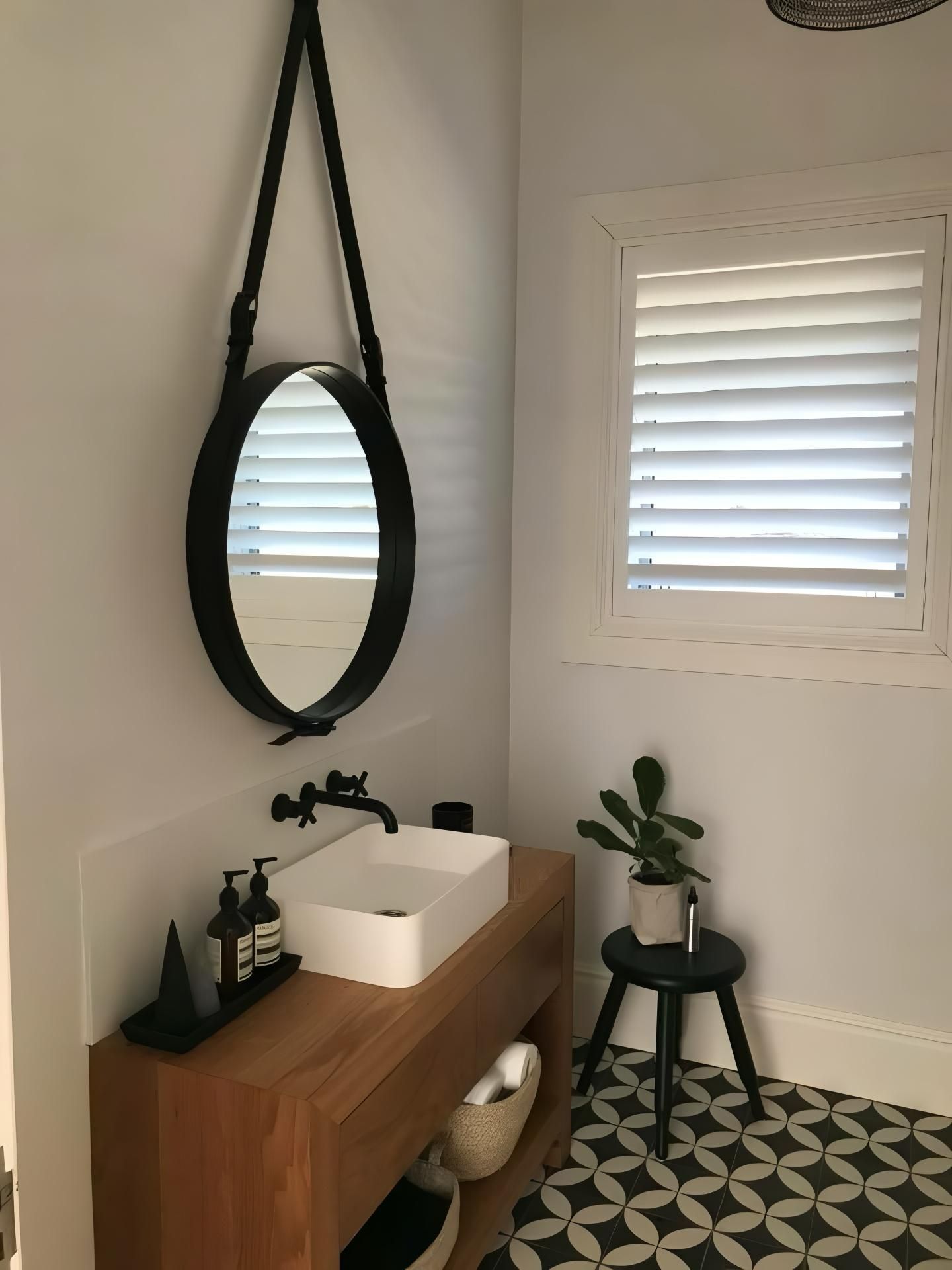 Modern Bathroom With Wooden Vanity And Black Mirror — JSF Interiors Goulburn in Goulburn, NSW