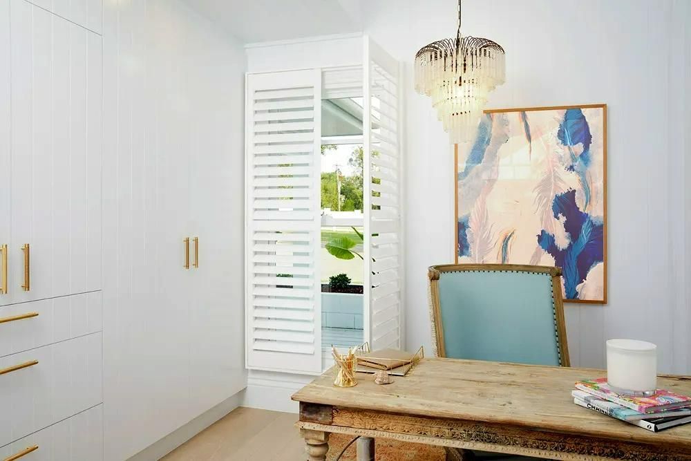 White Office With Shutters And Vintage Desk — JSF Interiors Goulburn in Goulburn, NSW