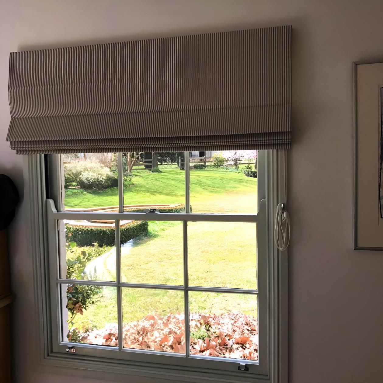 Window With Brown And White Striped Shade — JSF Interiors Goulburn in Wollongong, NSW
