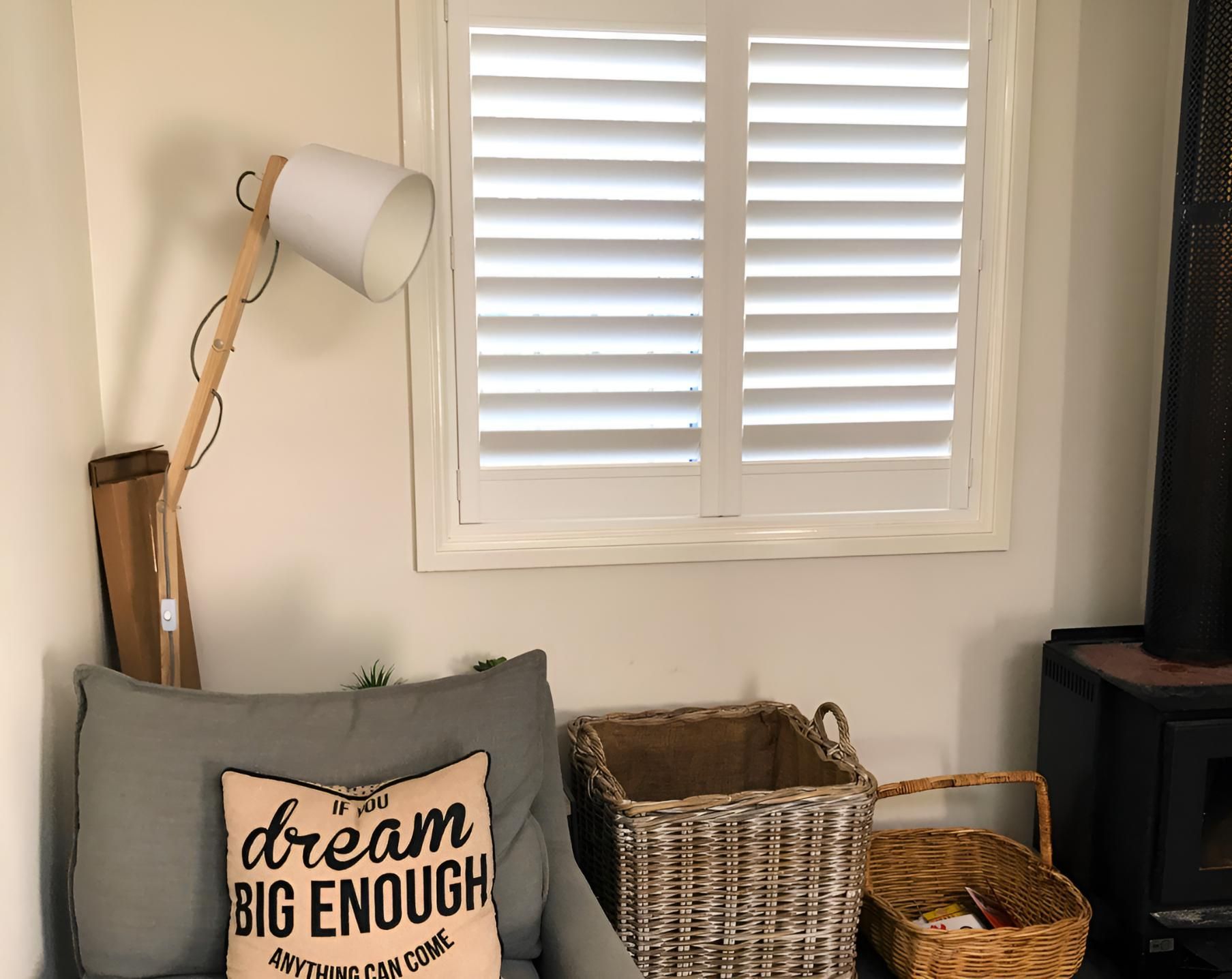 Cozy Corner With Lamp, Shutters, And Dream Big Pillow — JSF Interiors Goulburn in Wollongong, NSW
