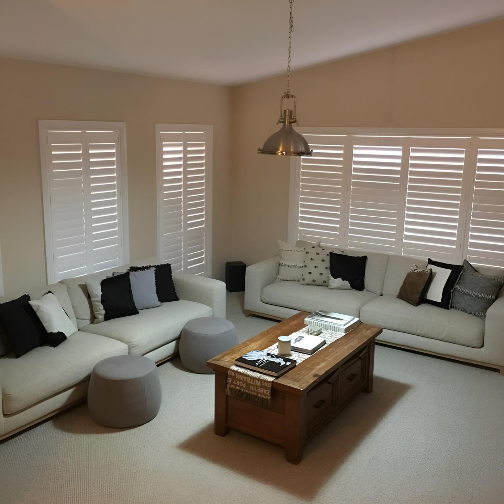 Living Room With White Sofas And Shutters — JSF Interiors Goulburn in Berry, NSW