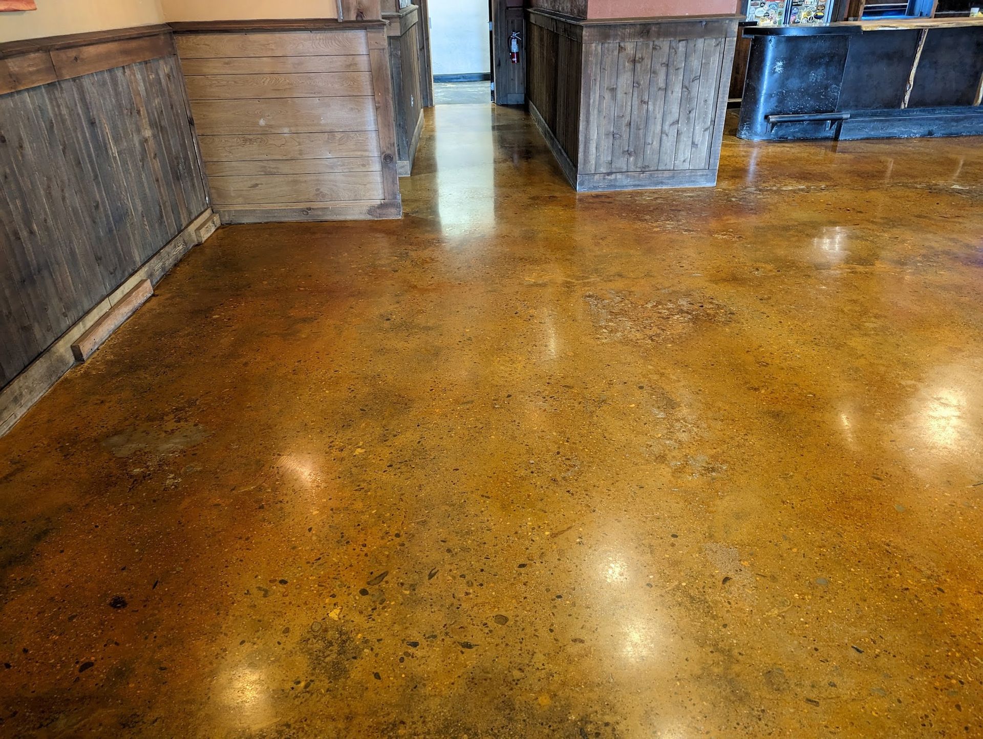 A concrete walkway in a park surrounded by green grass and trees.