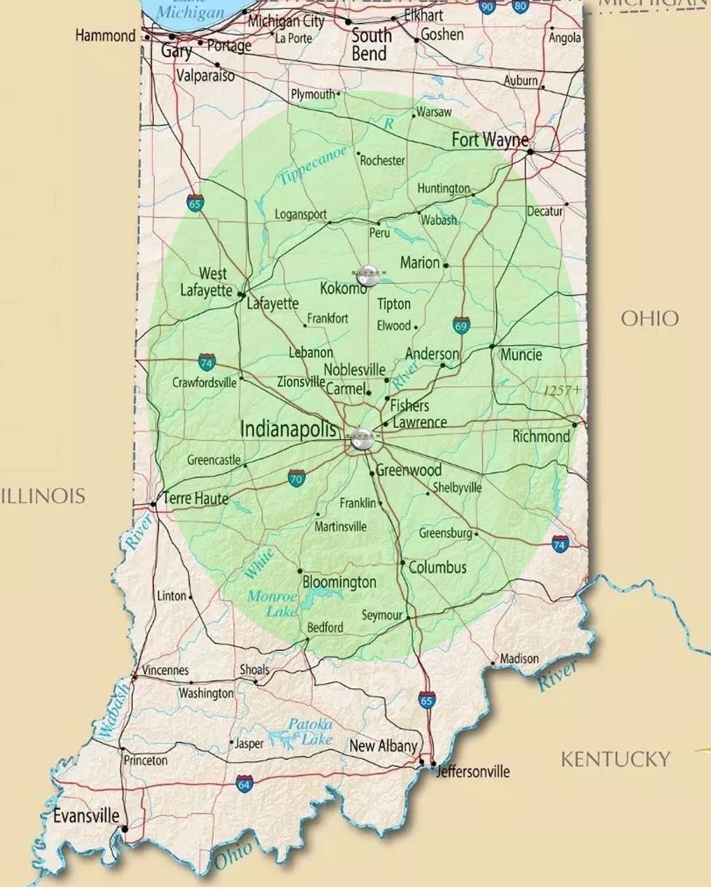 A map of indiana with a green circle in the middle