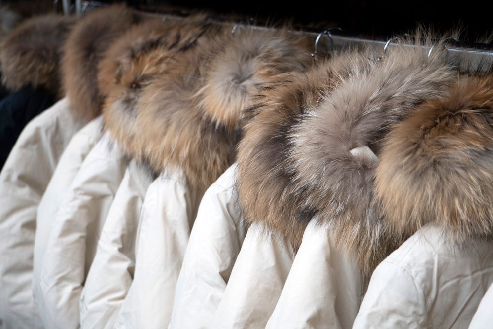 Cappotti bianchi con cappucci bordati di pelliccia appesi a un attaccapanni.