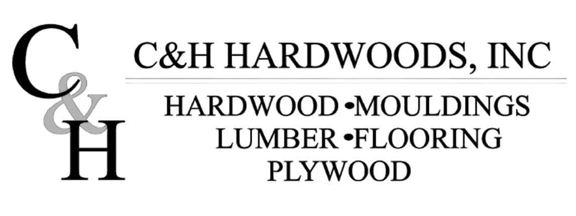 Logo for C&H Hardwoods, Inc. featuring the letters C & H, company name, and product offerings: hardwood, mouldings, lumber, flooring, and plywood.