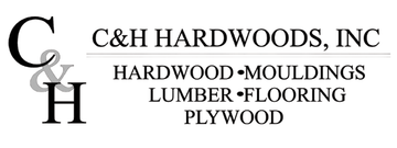 Logo for C&H Hardwoods, Inc. featuring the letters C & H, company name, and product offerings: hardwood, mouldings, lumber, flooring, and plywood.