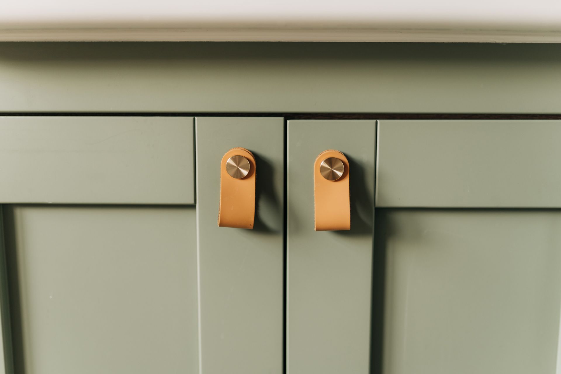 A close up of a green cabinet with leather handles.