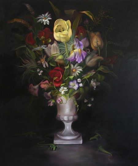Bouquet with Lizards, 40 inches by 48 inches, oil on canvas