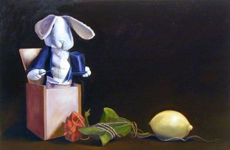 Rabbit with Rose and Lemon, 24 inches by 36 inches, oil on canvas