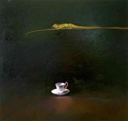Lizard with Teacup, 34 inches by 36 inches, oil on canvas