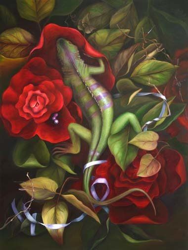 Lizard with Peonies, 48 inches by 36 inches, oil