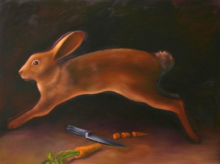 Rabbit with Knife and Carrot, 30 inches by 40 inches, oil on canvas