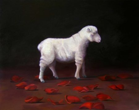 Sheep and Petals, 24 inches by 30 inches, oil on canvas