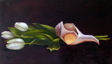 Tulips and Shell,  28 inches by 48 inches, oil on canvas