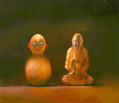 Two Buddhas,  28 inches by 23 inches, oil on canvas