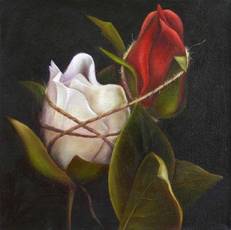 Red Rose, White Rose with Twine, 12 inches by 12 inches, oil on canvas