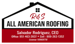 The logo for all american roofing shows a house with a roof