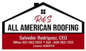 The logo for all american roofing shows a house with a roof