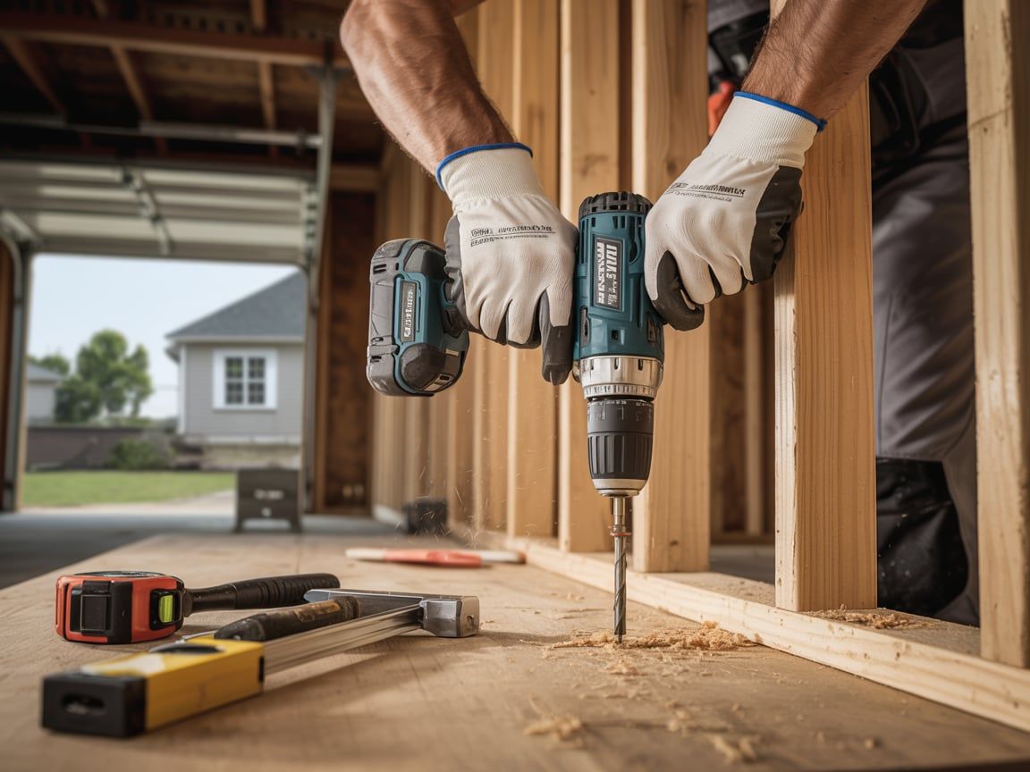 Person using a drill to bore a hole in wood within a building under construction.