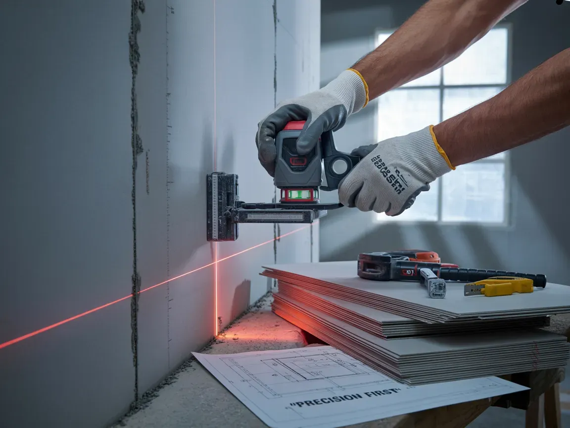 Person using a laser level on a wall, creating a red line, in a construction setting.