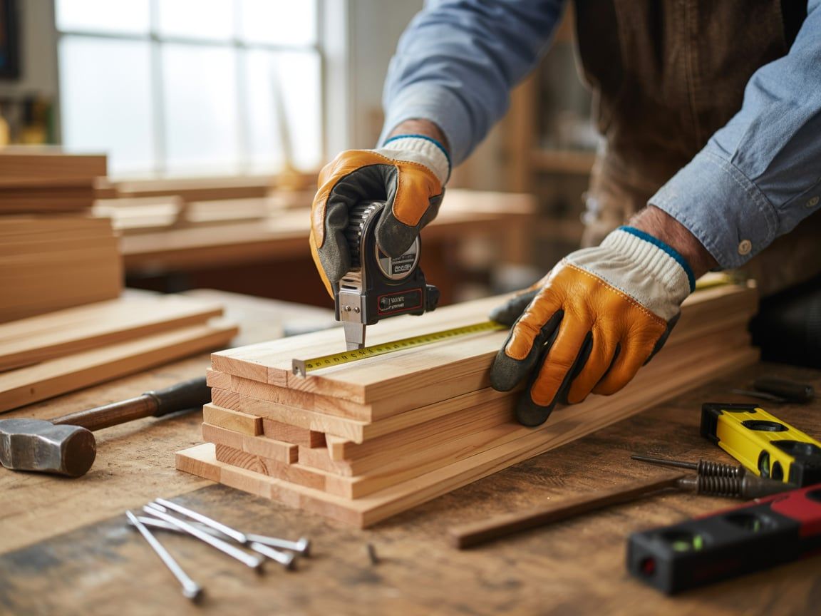 Carpenter measuring wood with a tape measure in a workshop, wearing gloves.