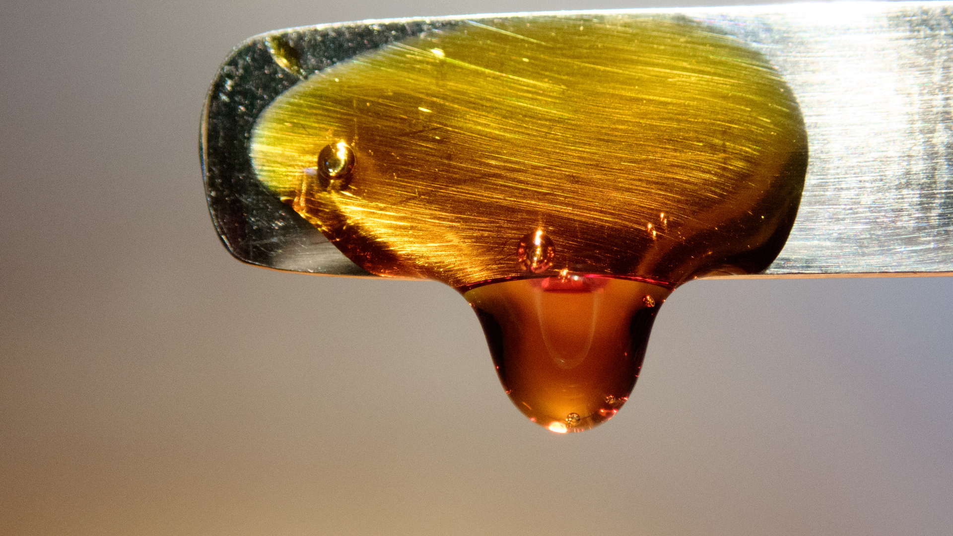 A dab of amber cannabis concentrate on a metal tool, with a drop forming at the bottom.