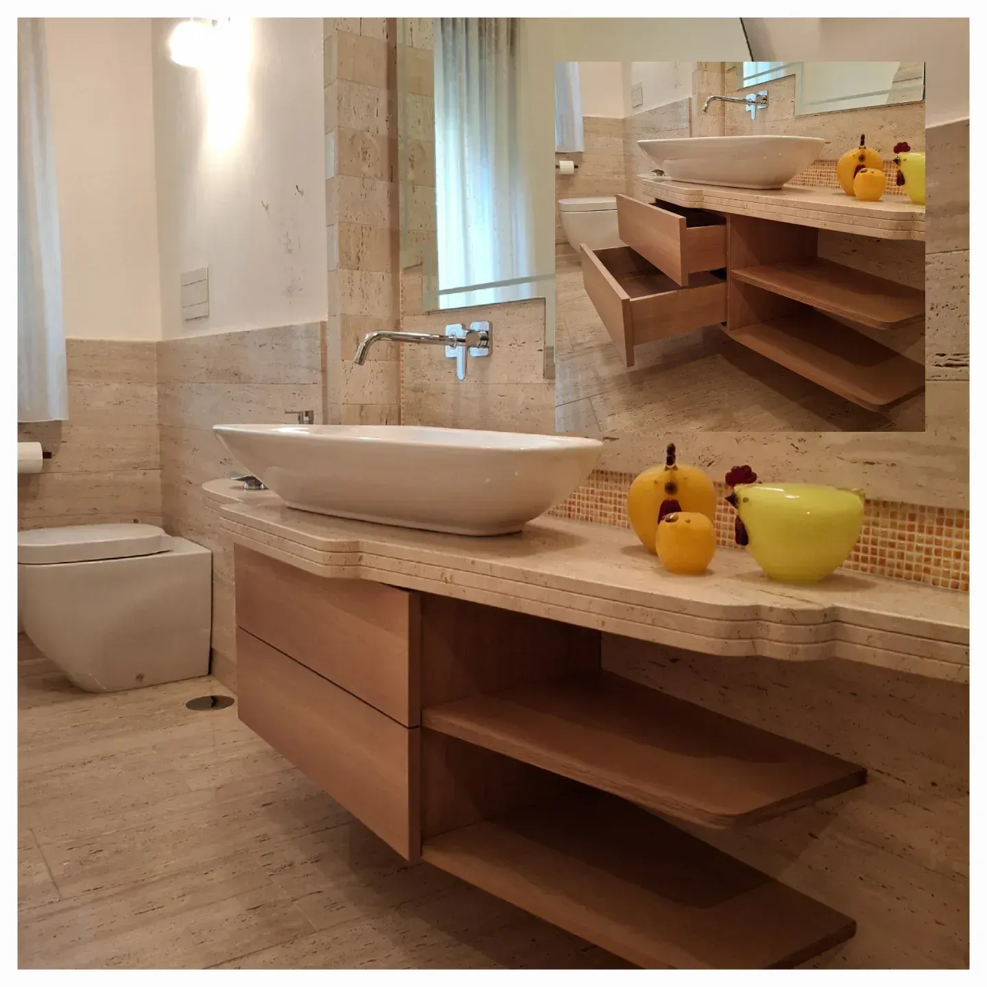 Bagno con mobile lavabo sospeso in legno, lavabo bianco e parete in pietra.