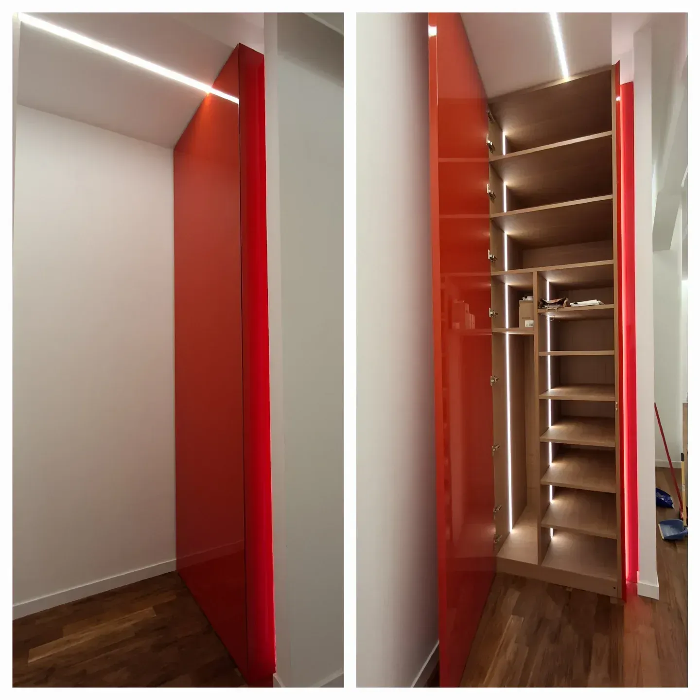 L'anta rossa dell'armadio si apre rivelando ripiani interni con luci.