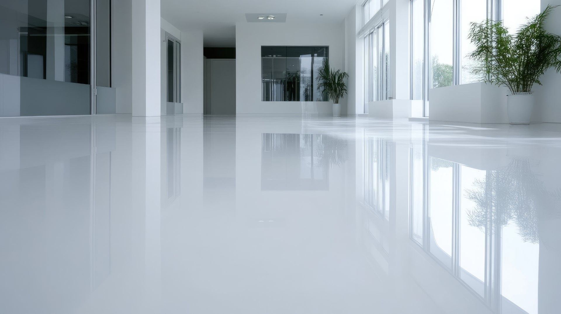 A large, bright white room with a shiny, reflective floor. Sunlight streams in through large windows.
