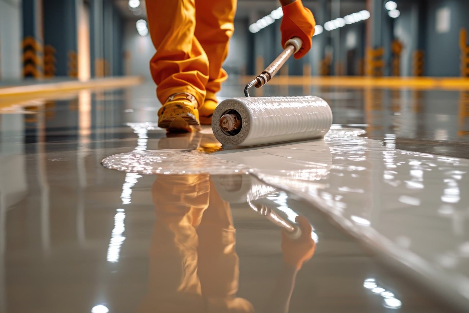 Worker in orange coveralls rolling epoxy on a glossy warehouse floor.