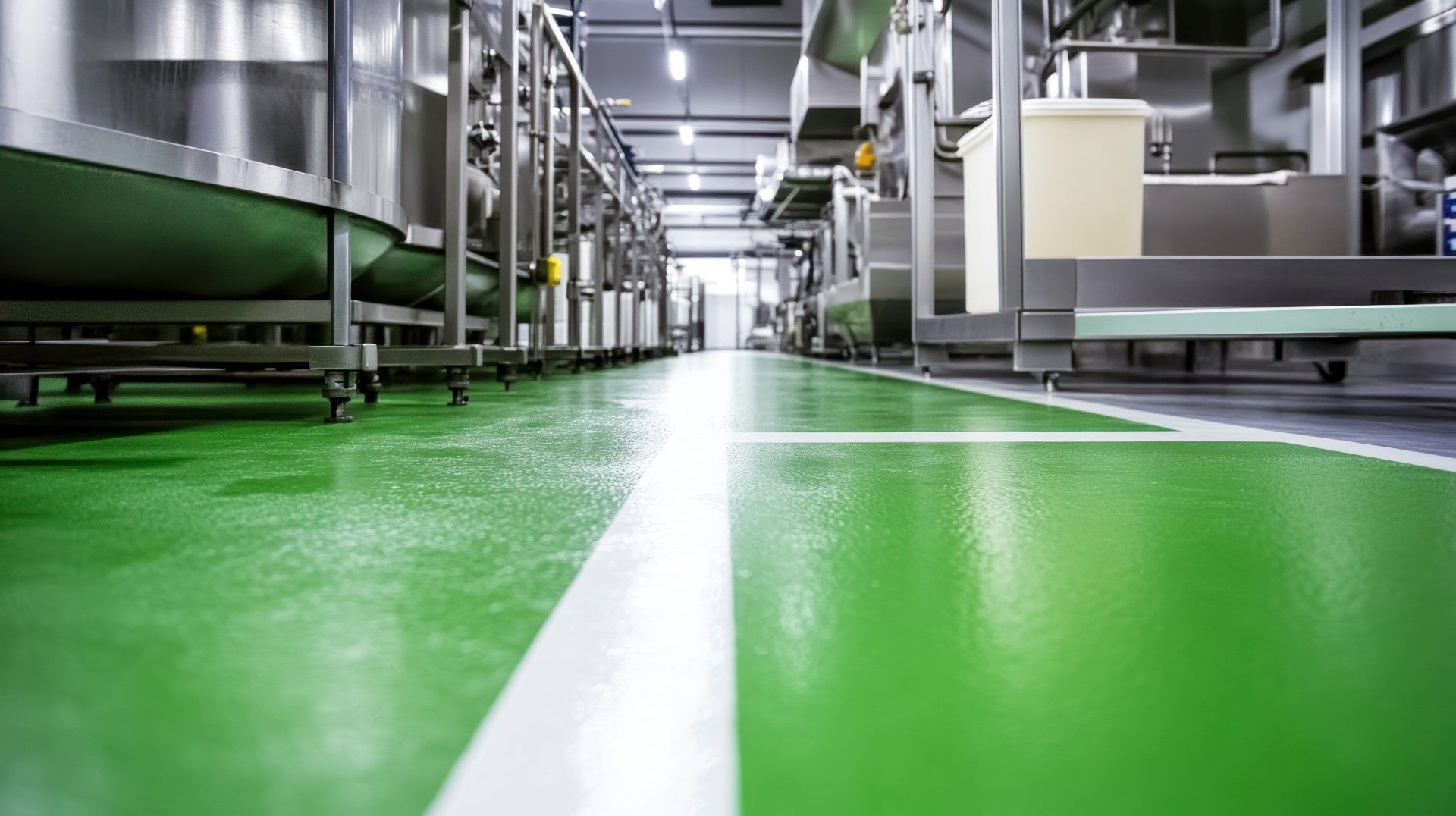 Green industrial floor with white line, stainless steel machinery.