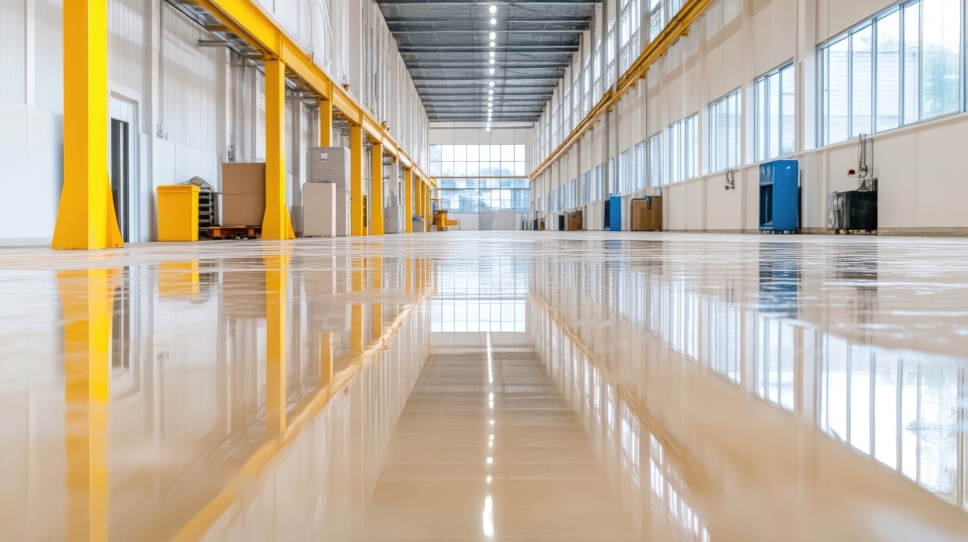 Shiny industrial floor reflecting yellow support beams and windows in a large, empty warehouse.