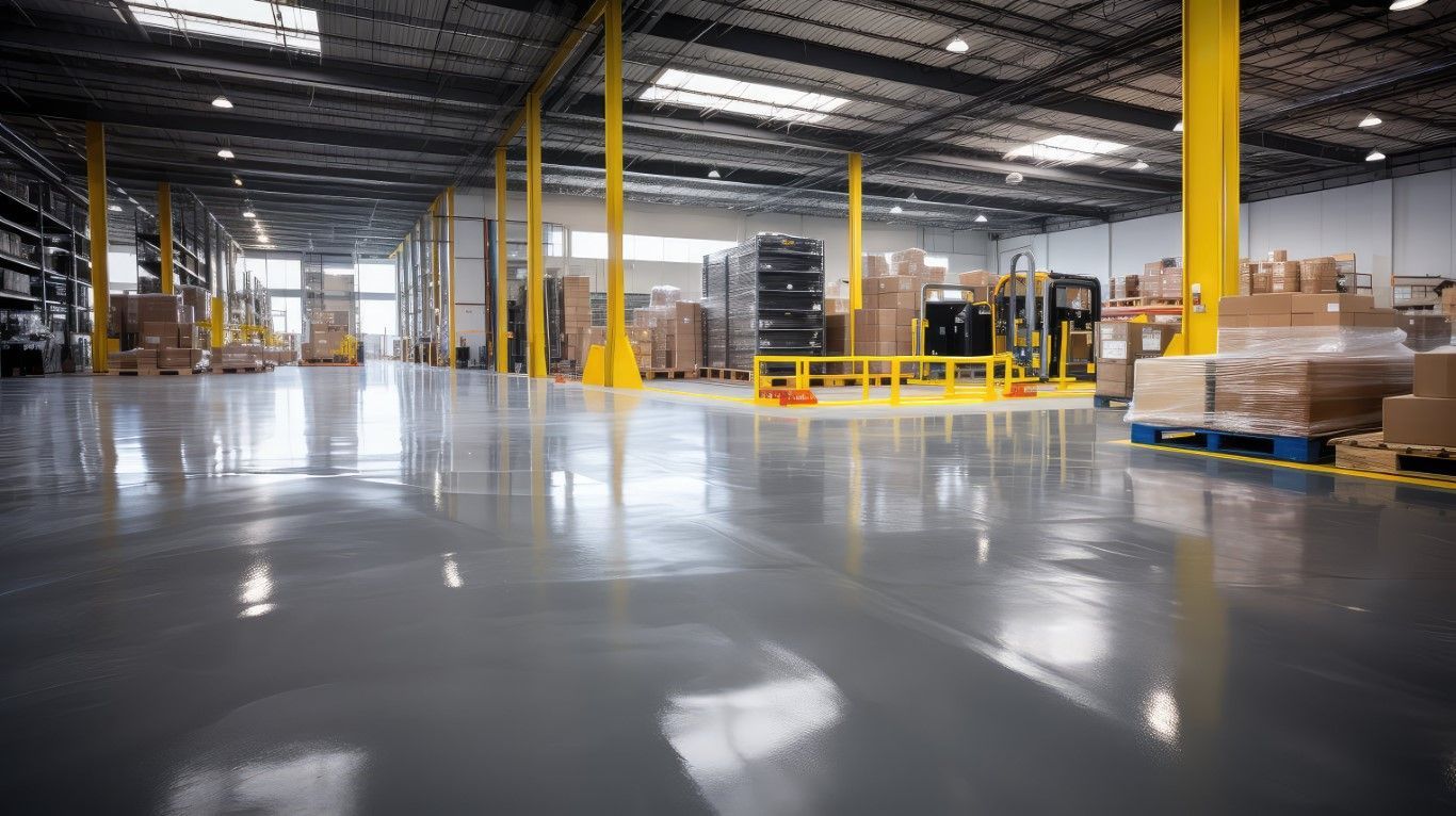 Warehouse interior with shiny gray floor, yellow support columns, and stacks of boxes.