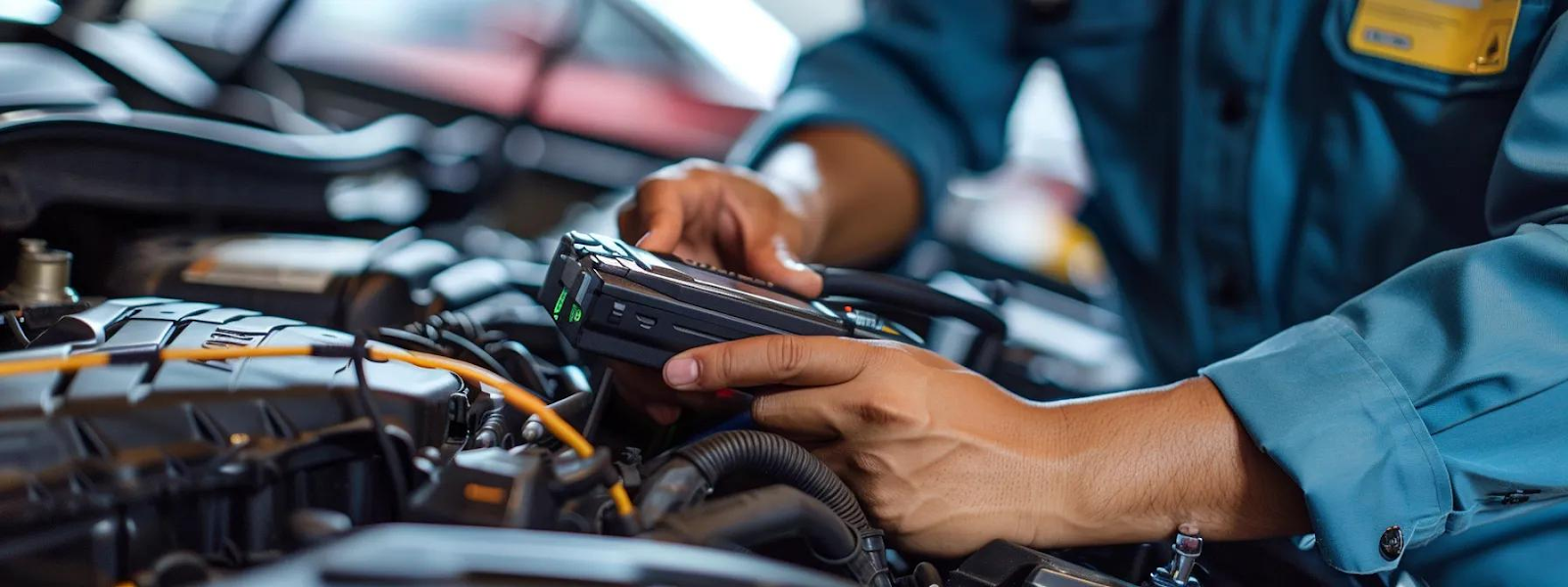 Mechanic working on a car engine, holding a diagnostic tool.