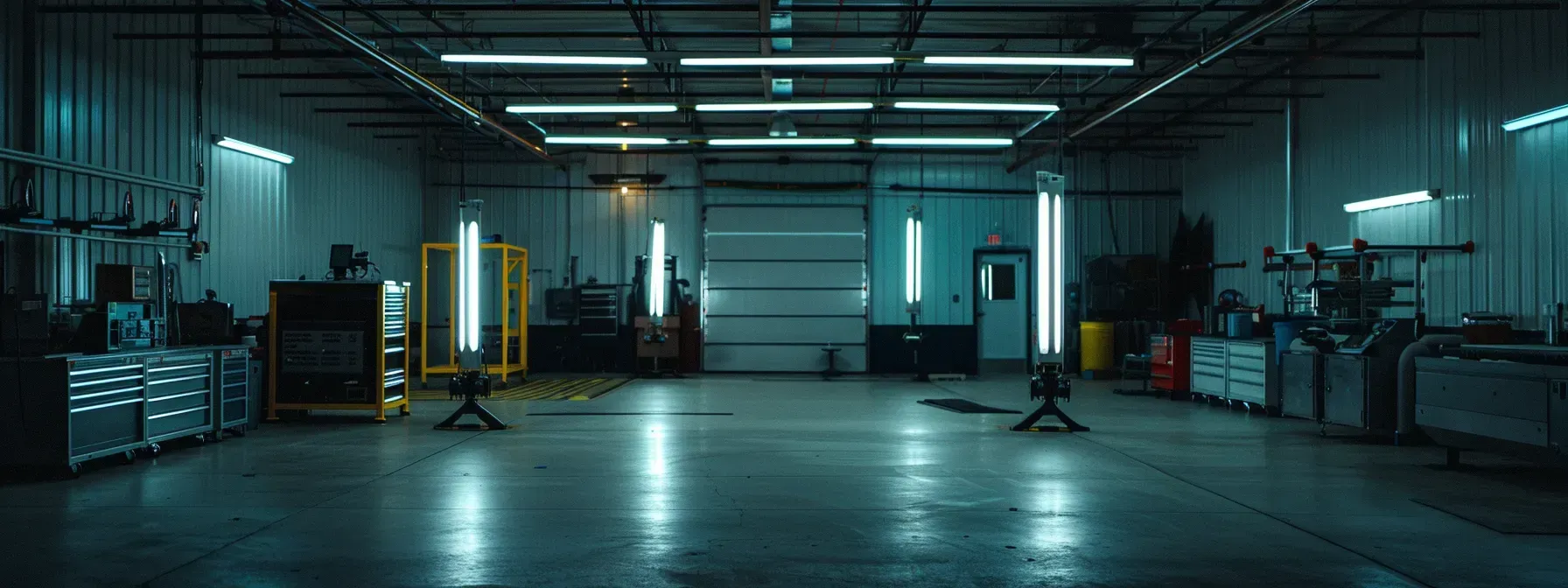 A dark warehouse with a lot of lights on the ceiling.