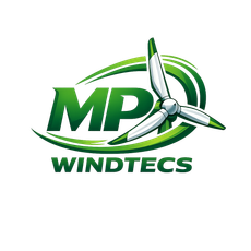 Het MP Windtecs-logo met groene tekst en een gestileerde zilveren windturbine.