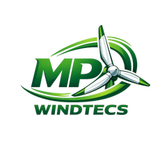 Green MP Windtecs logo with stylized wind turbine blades and swooshing arcs
