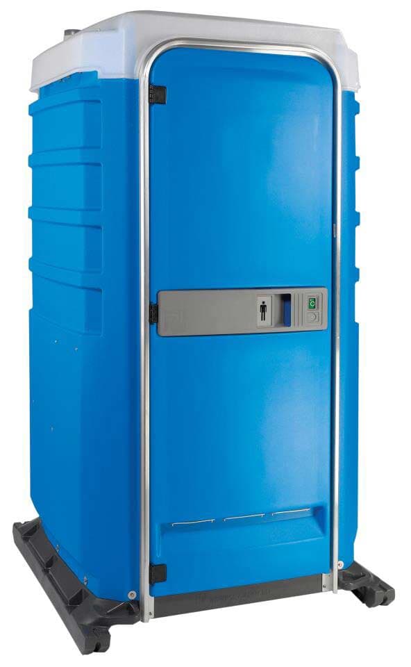 A blue portable toilet with a door on a white background.