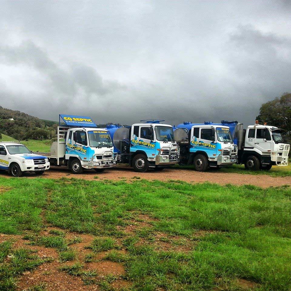 Trucks Lined Up — Septic Cleaning in Gladstone, QLD