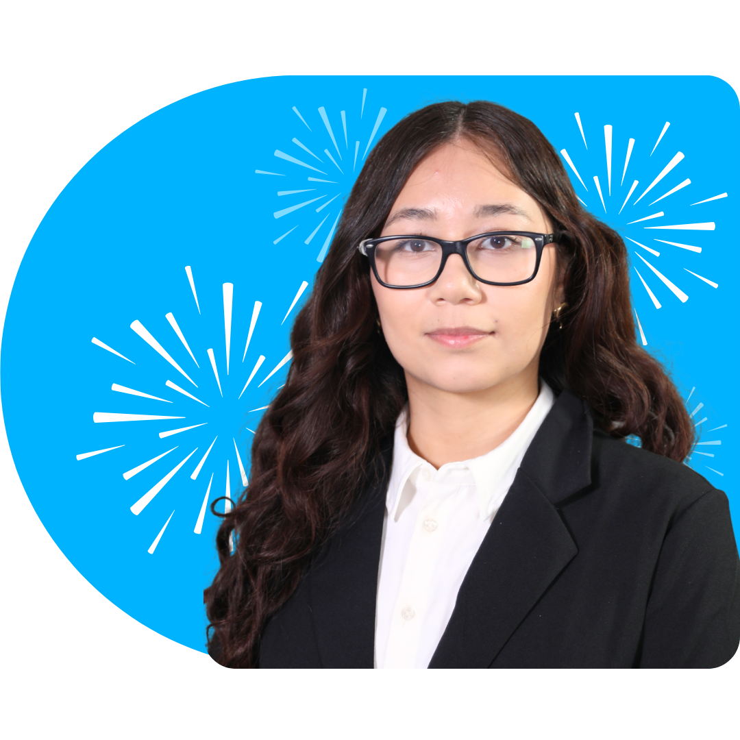 A person smiling, wearing a white blazer against a bright blue background featuring white, stylized firework illustrations.