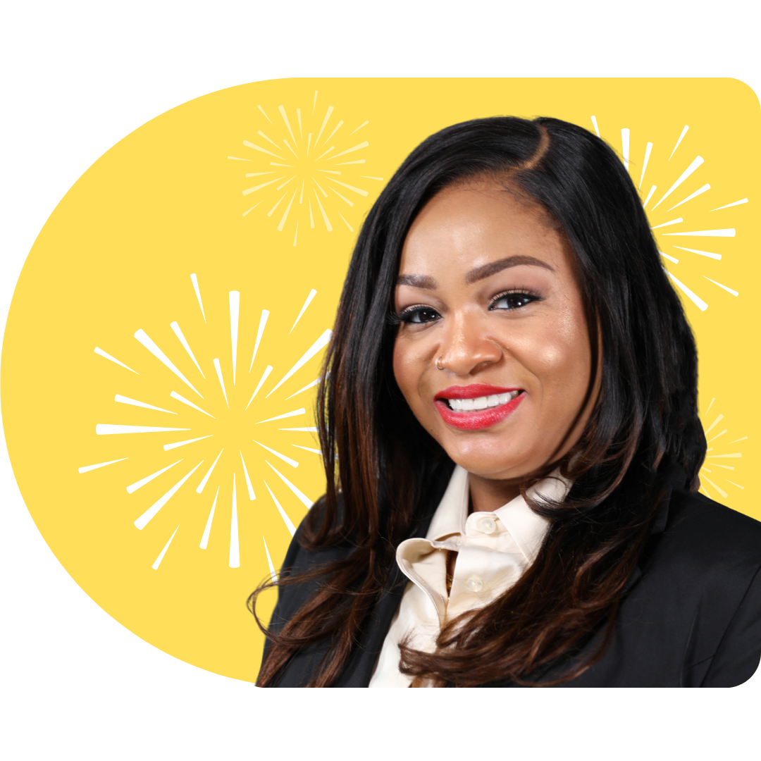 A person smiling, wearing a white blazer against a bright blue background featuring white, stylized firework illustrations.